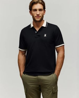 Mens indigo textured collar pique polo